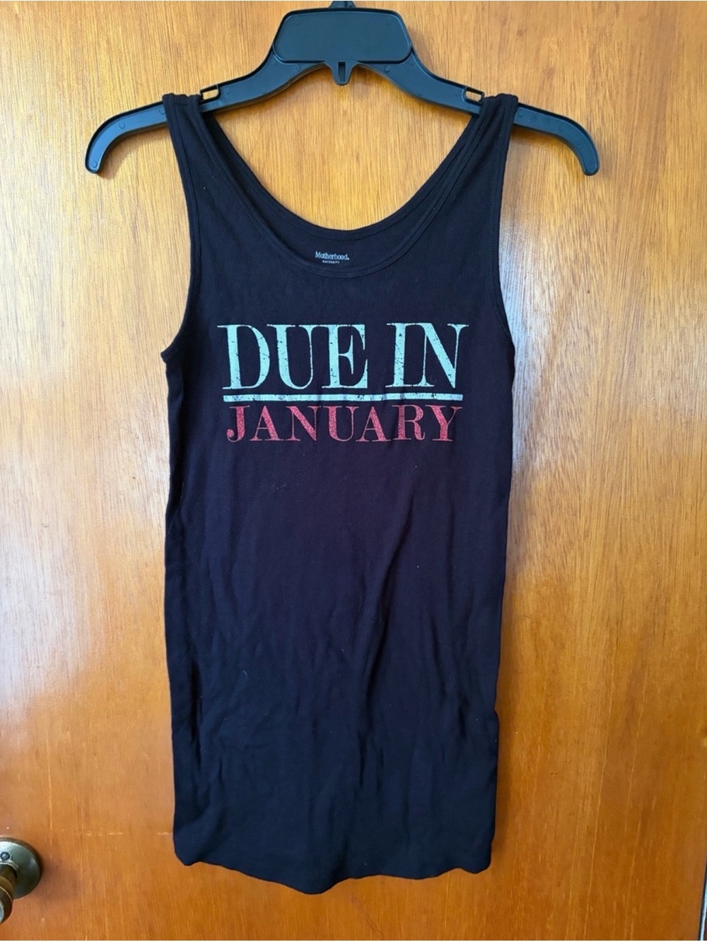 Motherhood Maternity Black Tank with White and Red 'Due In January' Print
